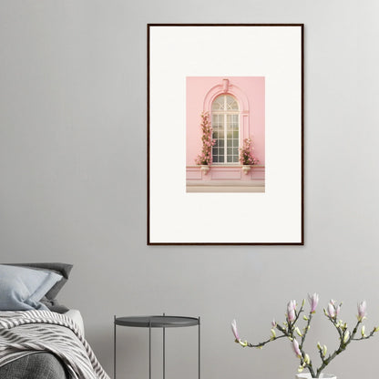 Framed art print of a pink arched window with vines from Vitalose Rose Sonnet