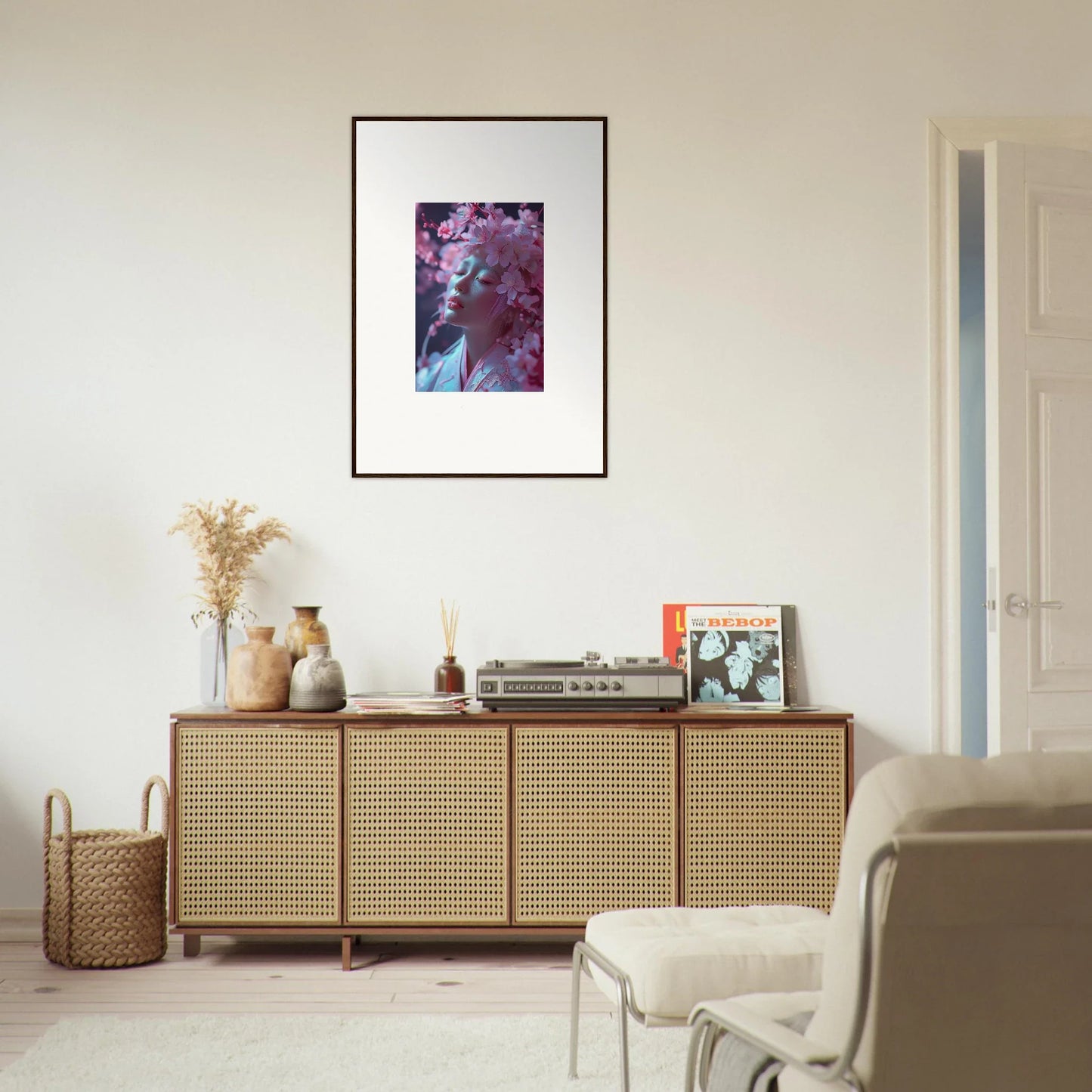 Wooden sideboard with cane doors and decor perfect for room decoration in Sakura Whispers