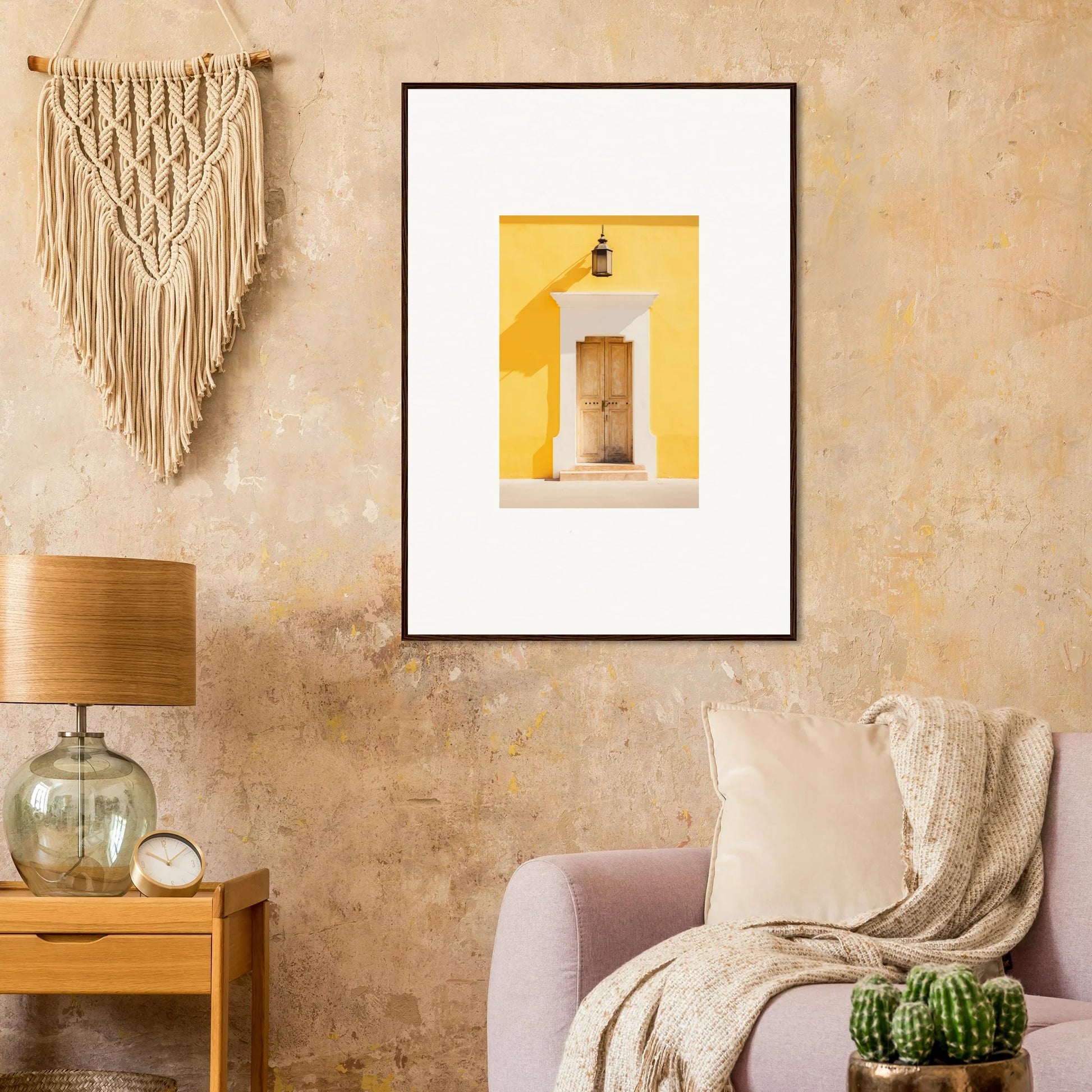 Framed wall art of a yellow wall with a white door in the Golden Hue Portal design