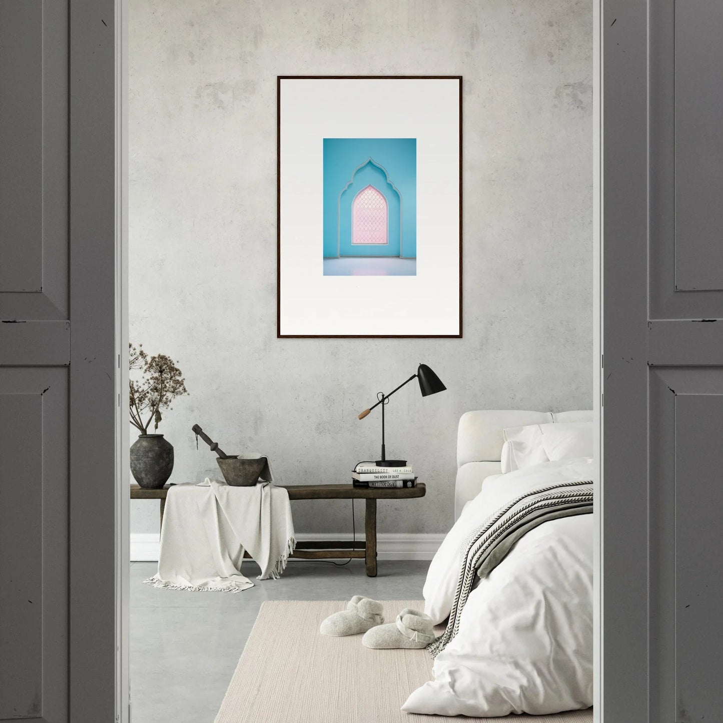 Framed artwork of a blue archway with pink opening from Souls Diffilveres Critfilters