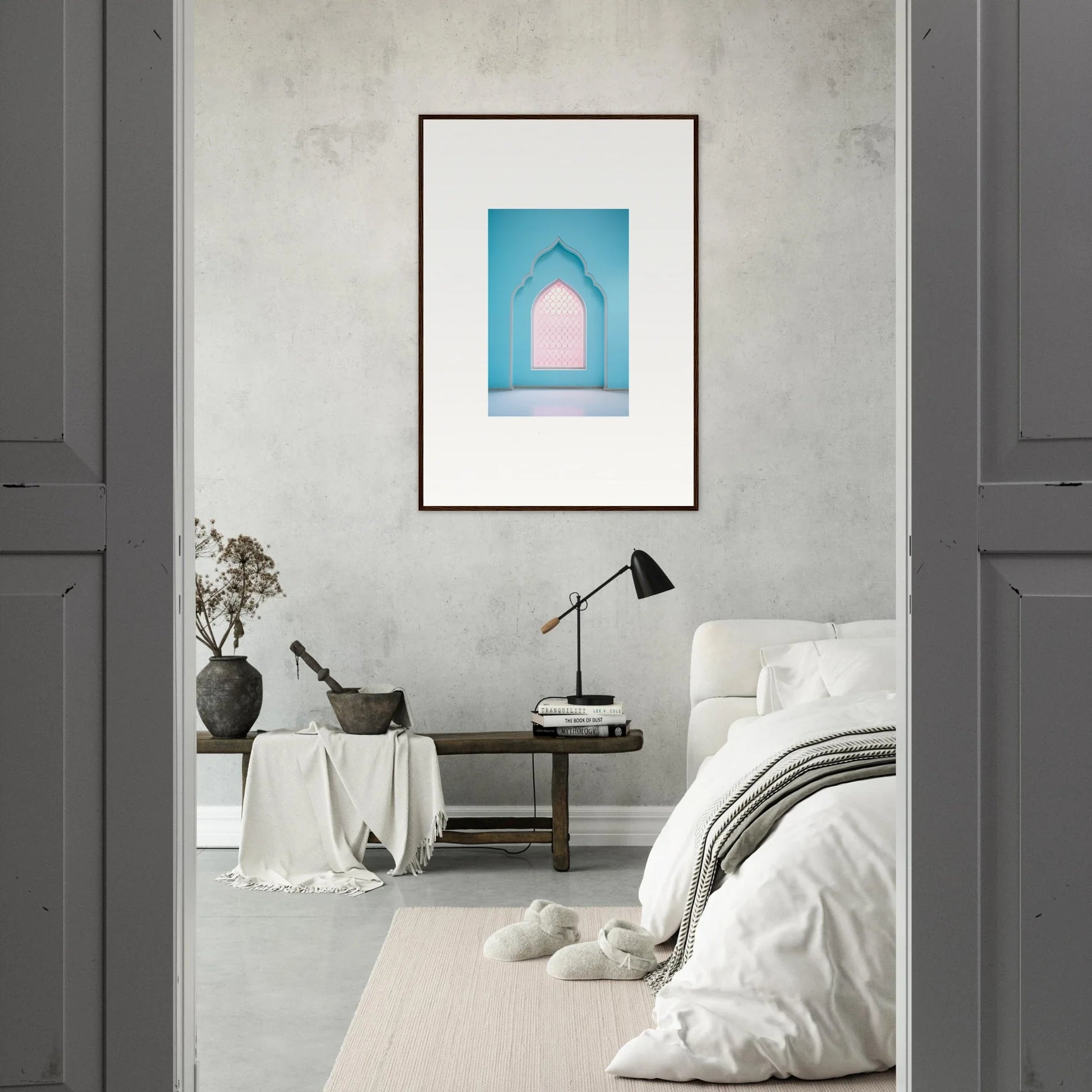 Framed artwork of a blue archway with pink opening from Souls Diffilveres Critfilters