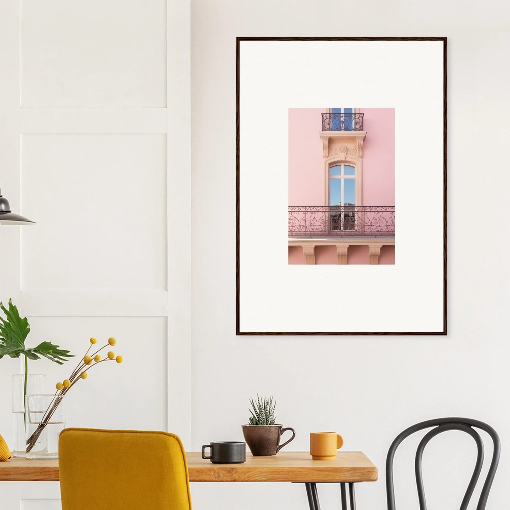 Framed wall art of a pink building balcony for Dusky Dream Balustrade special edition