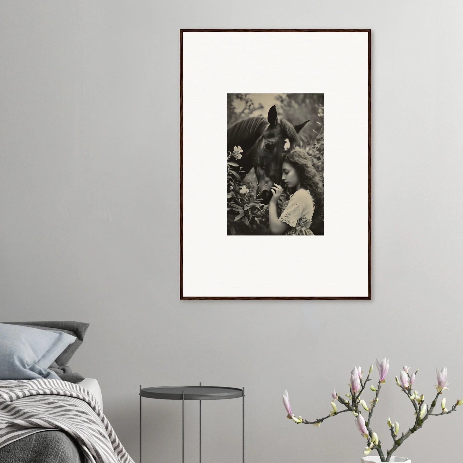 Framed black and white wall art of a person with a gorilla for unique room decoration