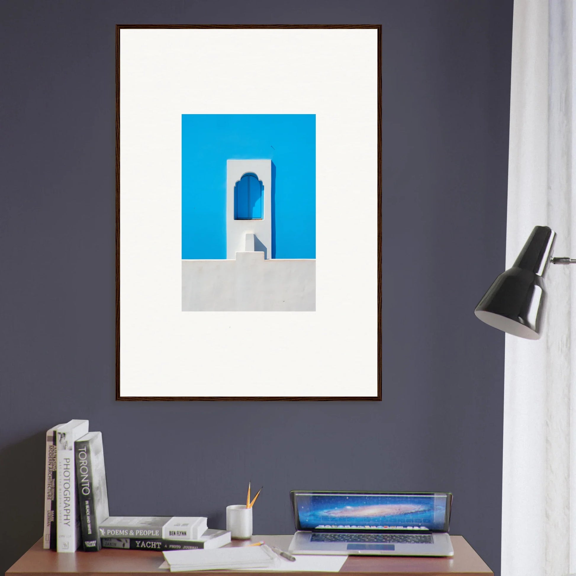 Framed minimalist art print of Oikos Cerulean Aperturearches on white backdrop