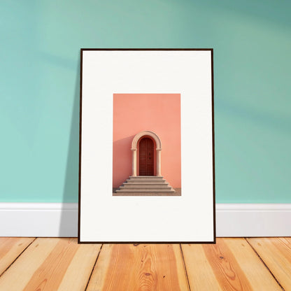 Framed art print of a pink arched doorway steps, Ethereal Sunset Gateway design