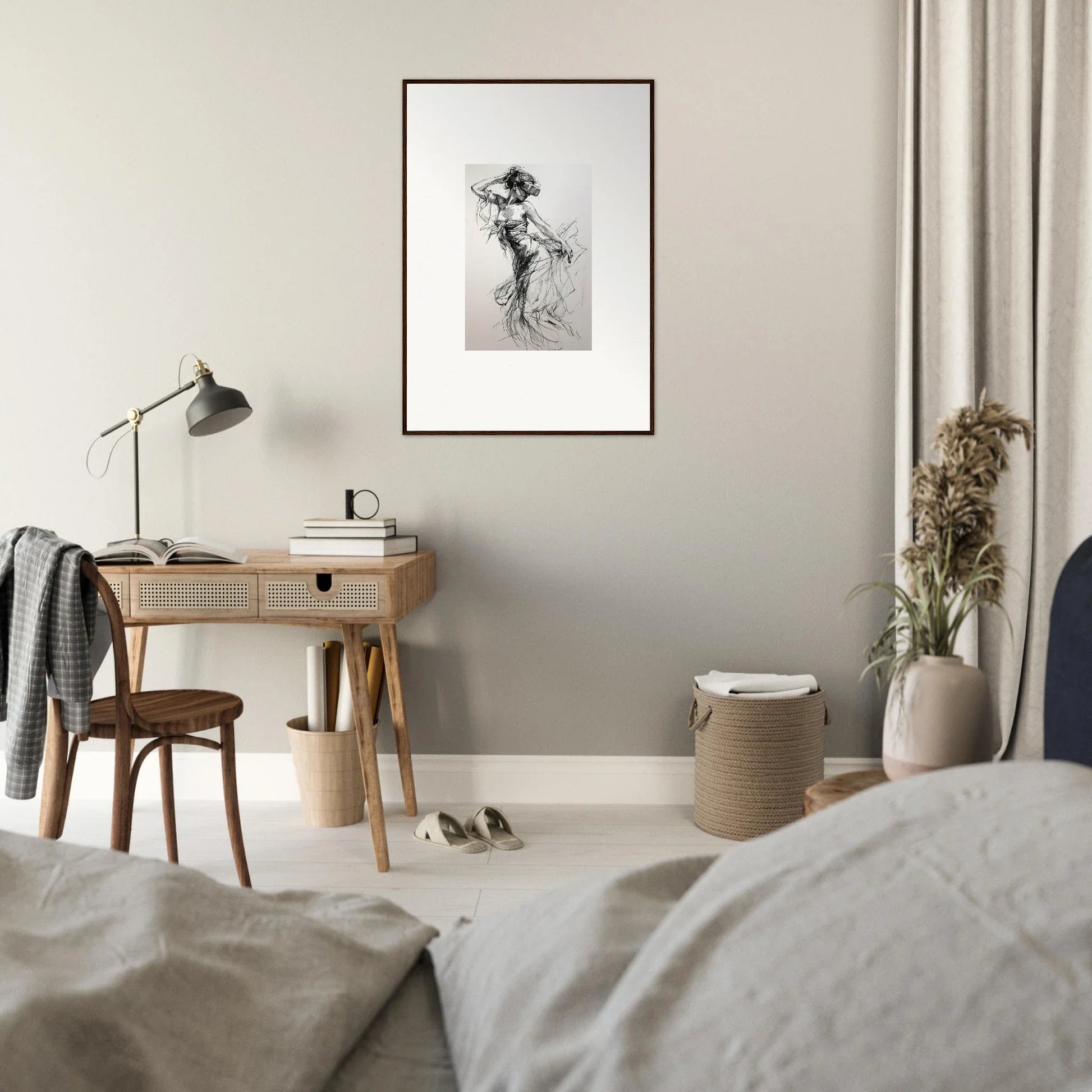 Minimalist bedroom workspace featuring a wooden desk and lamp from Virtual Grace Sketch