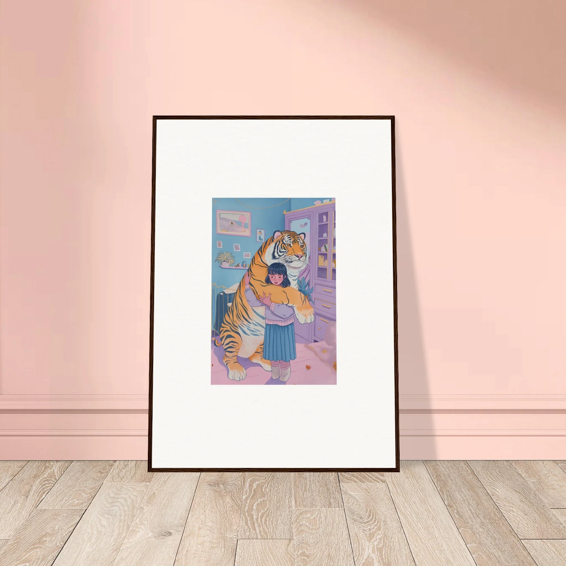 Whimsical canvas print of a woman hugging a tiger for unique room decoration