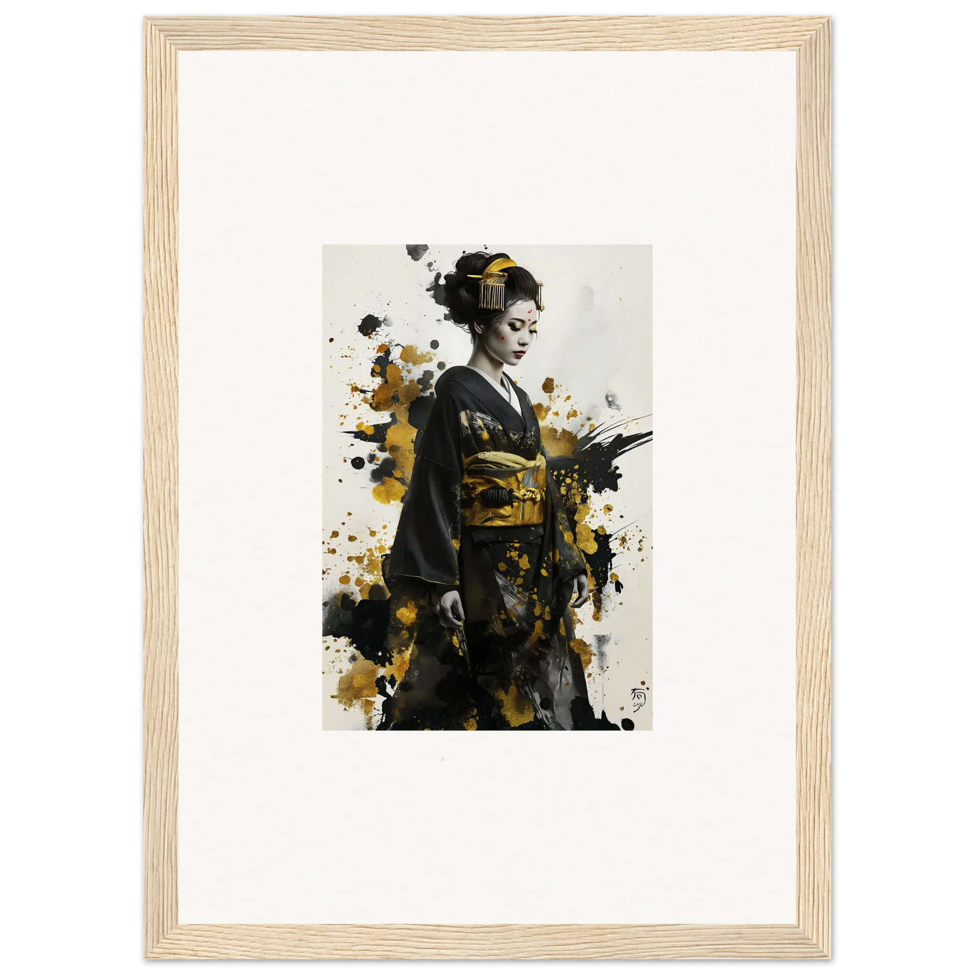 Artistic portrait of a figure in traditional Japanese kimono for Send of Echoes premium framed wall