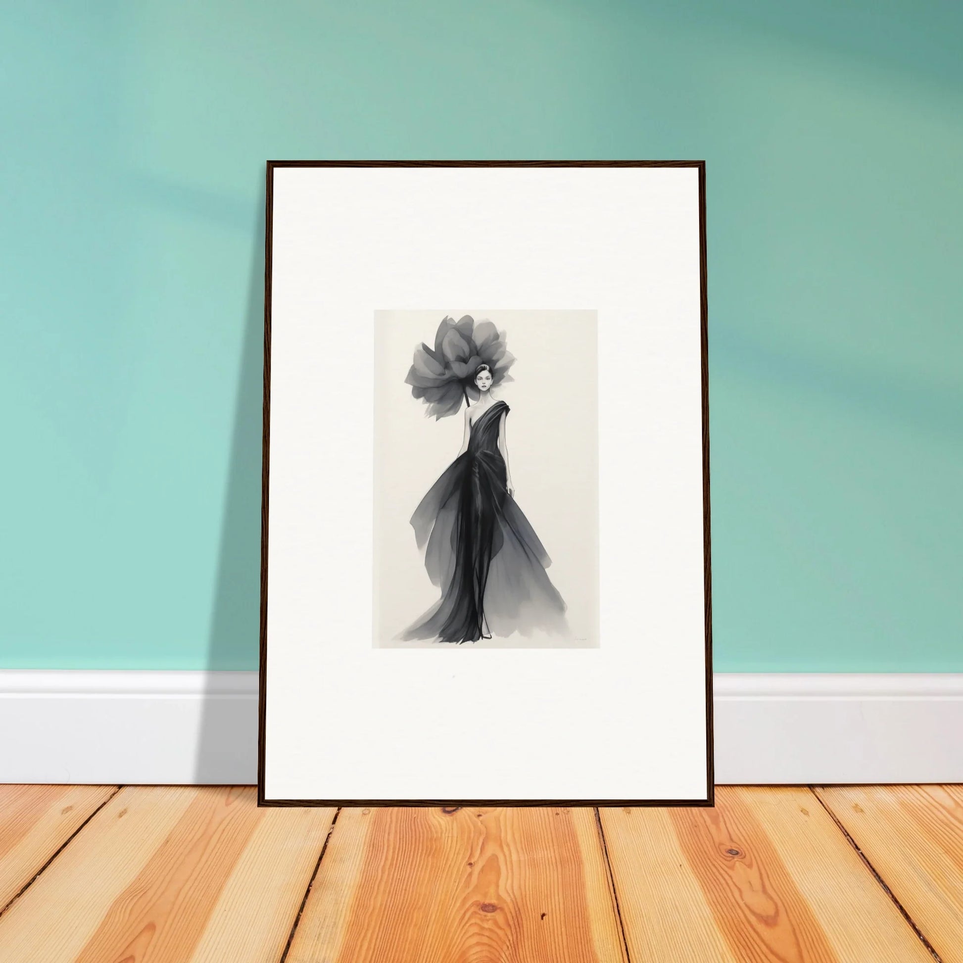 Framed black and white fashion illustration of a flowing gown for Curtain Bloom Dance