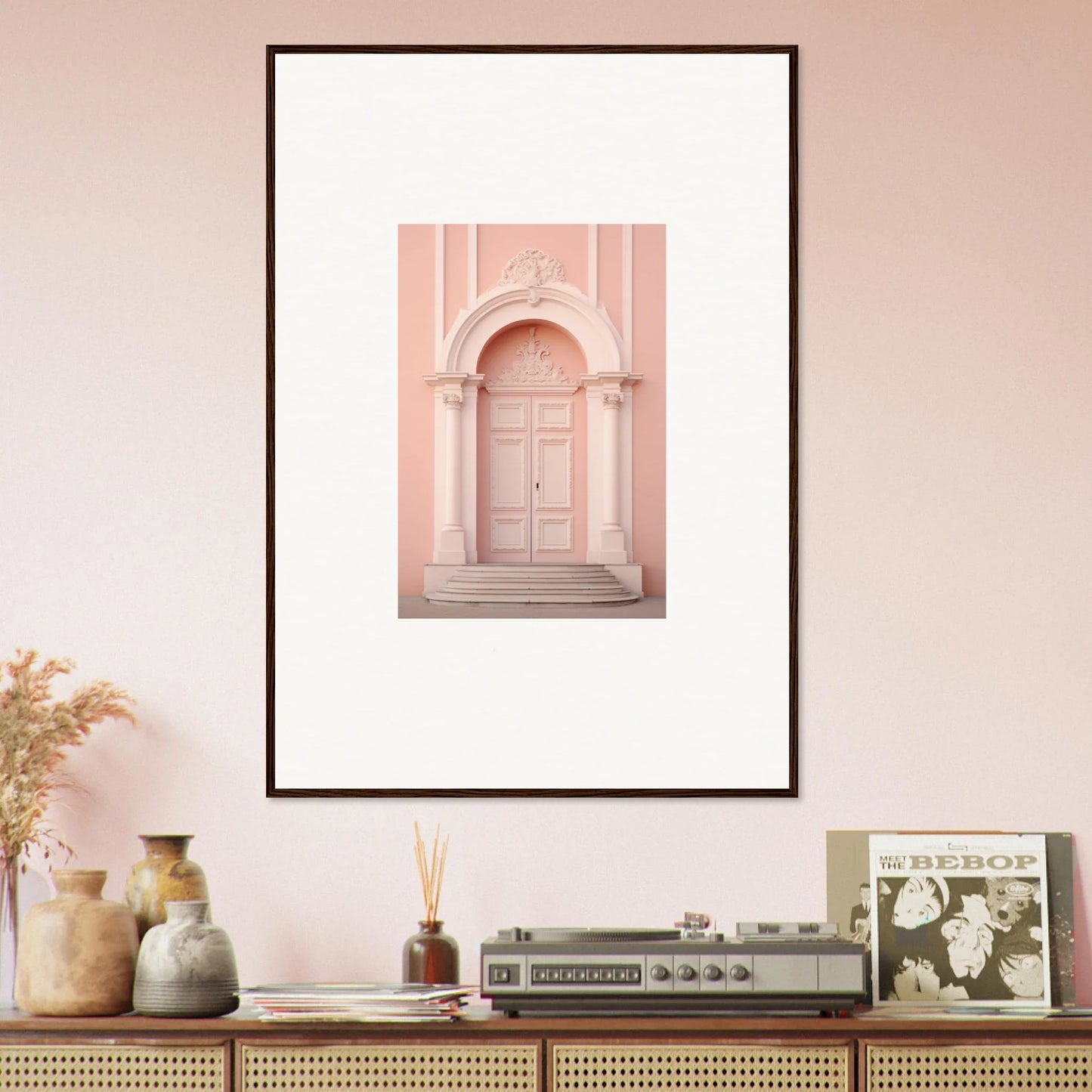 Framed art print of a pink arched doorway for the Petal Whispers Portal collection