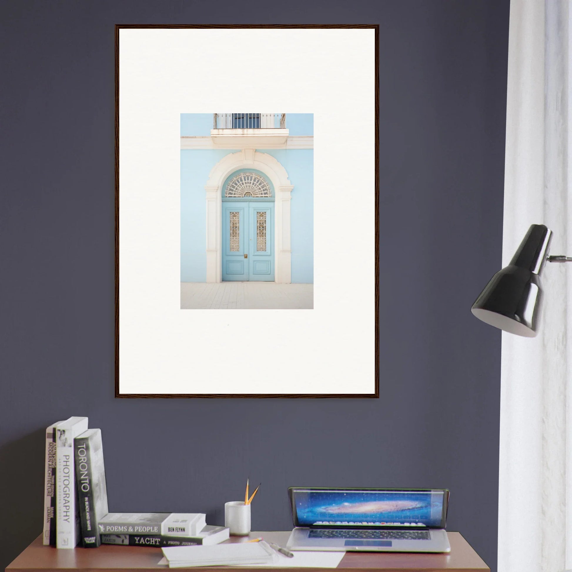 Framed wall art of a light blue arched Mediterranean door in Delphinium Dream Portal