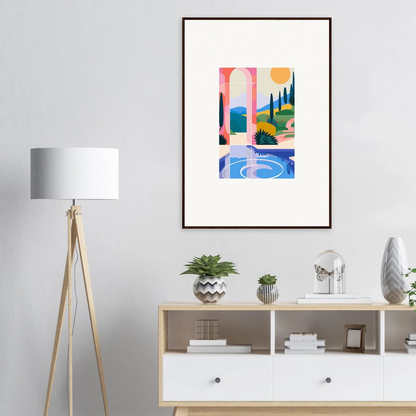 Colorful abstract wall art in a wooden frame for stylish room decoration, Sunlit Oasis