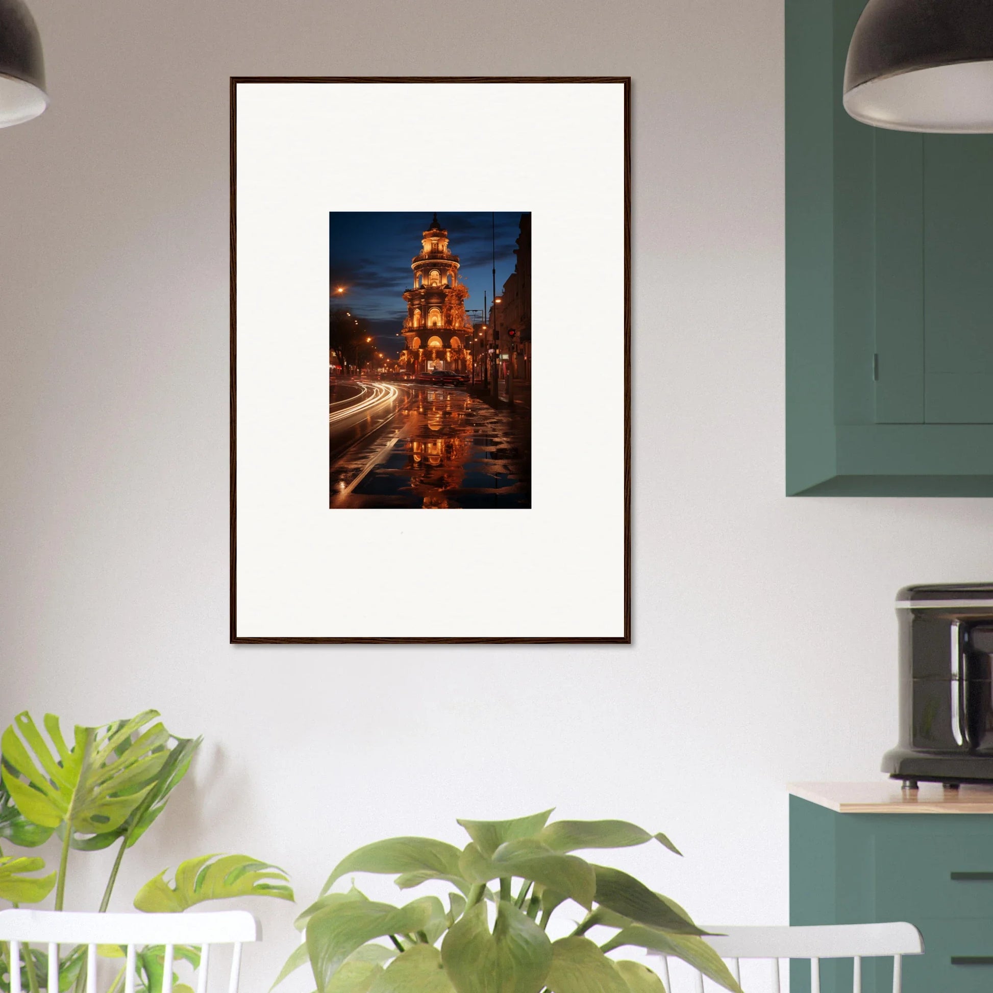 Framed wall art of a luminous Neo’ici Dops church tower at night with reflections