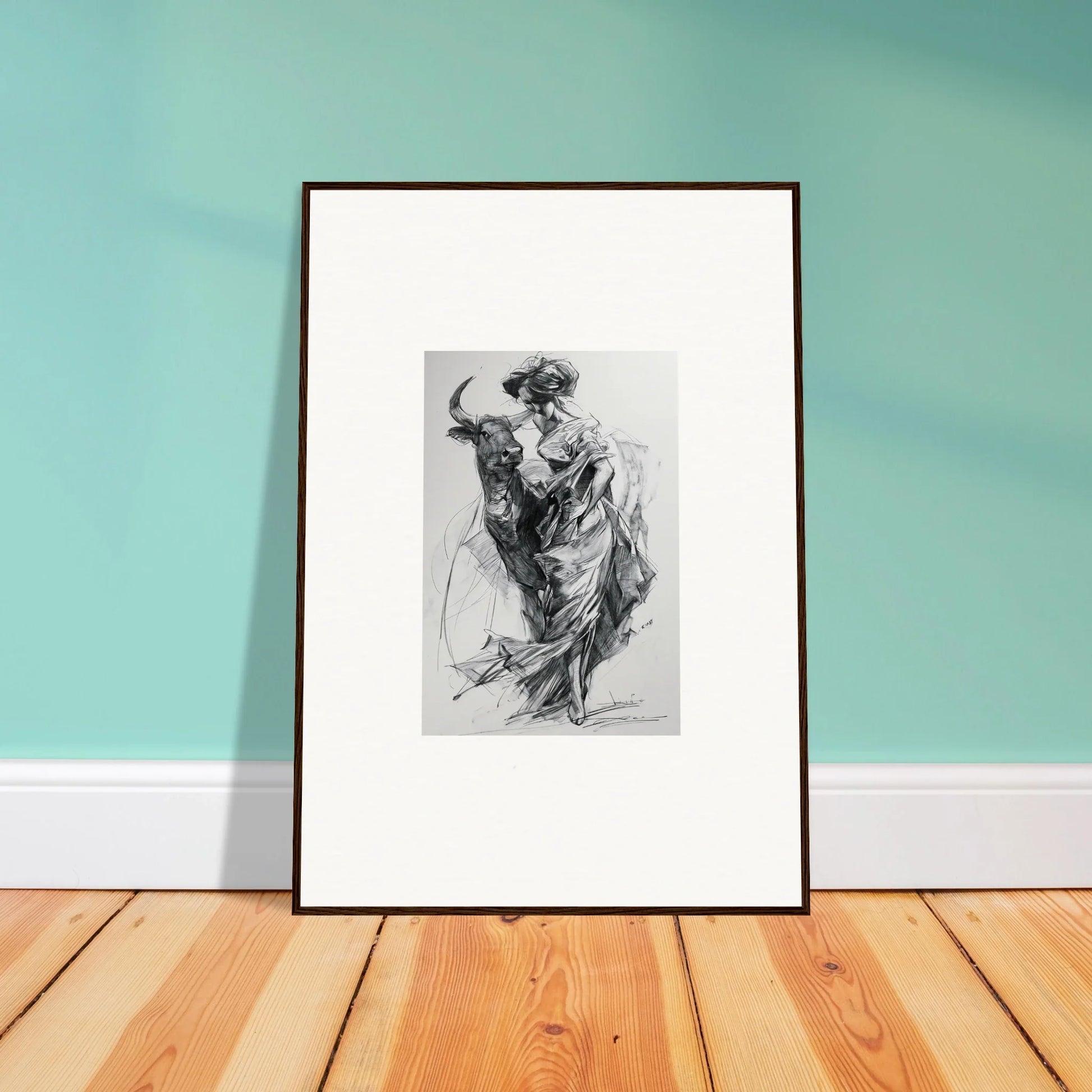 Framed black and white sketch of a dancing figure from Sylvan Euphoria Lumia