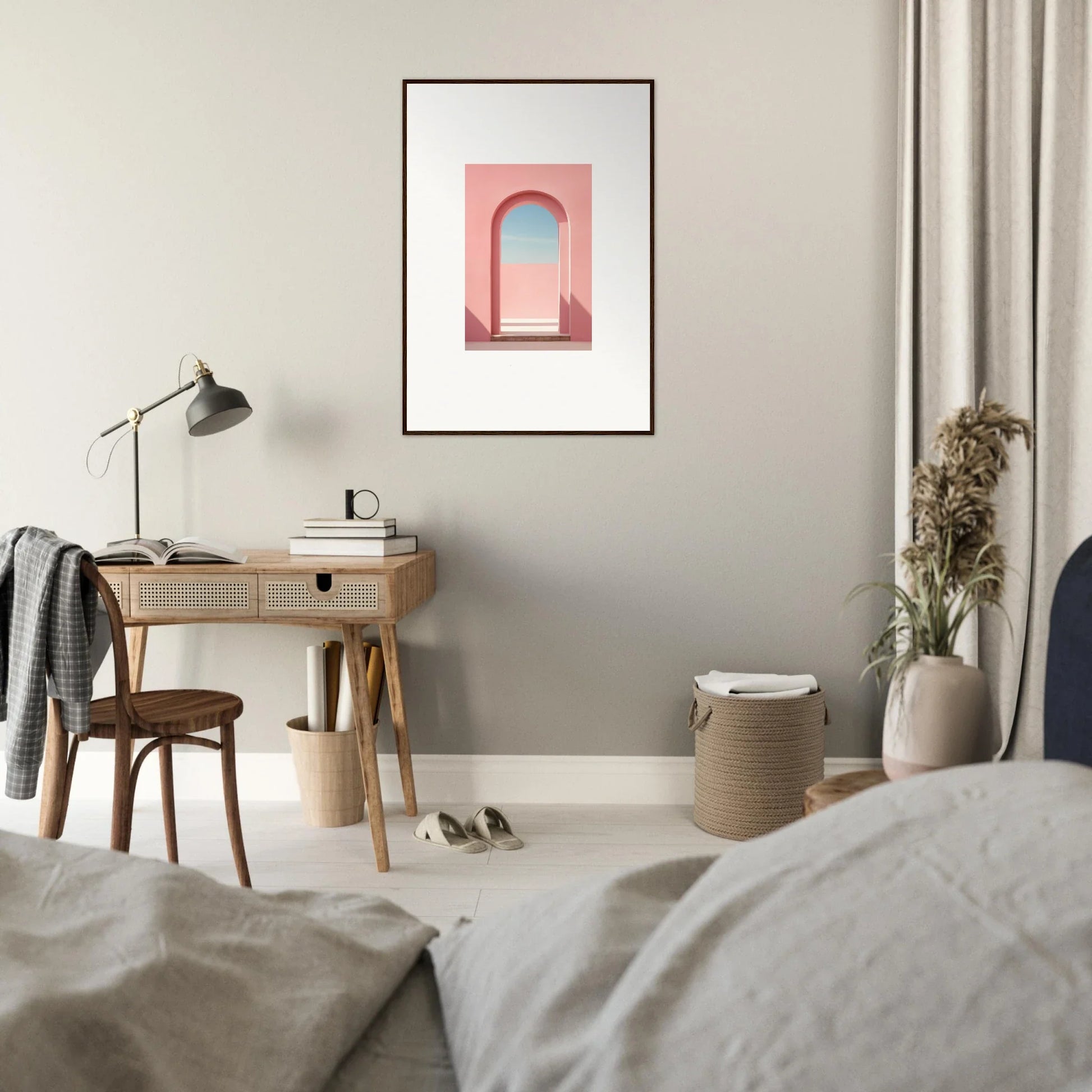 Minimalist bedroom workspace with a wooden desk and task lamp, featuring Echo of Horizons