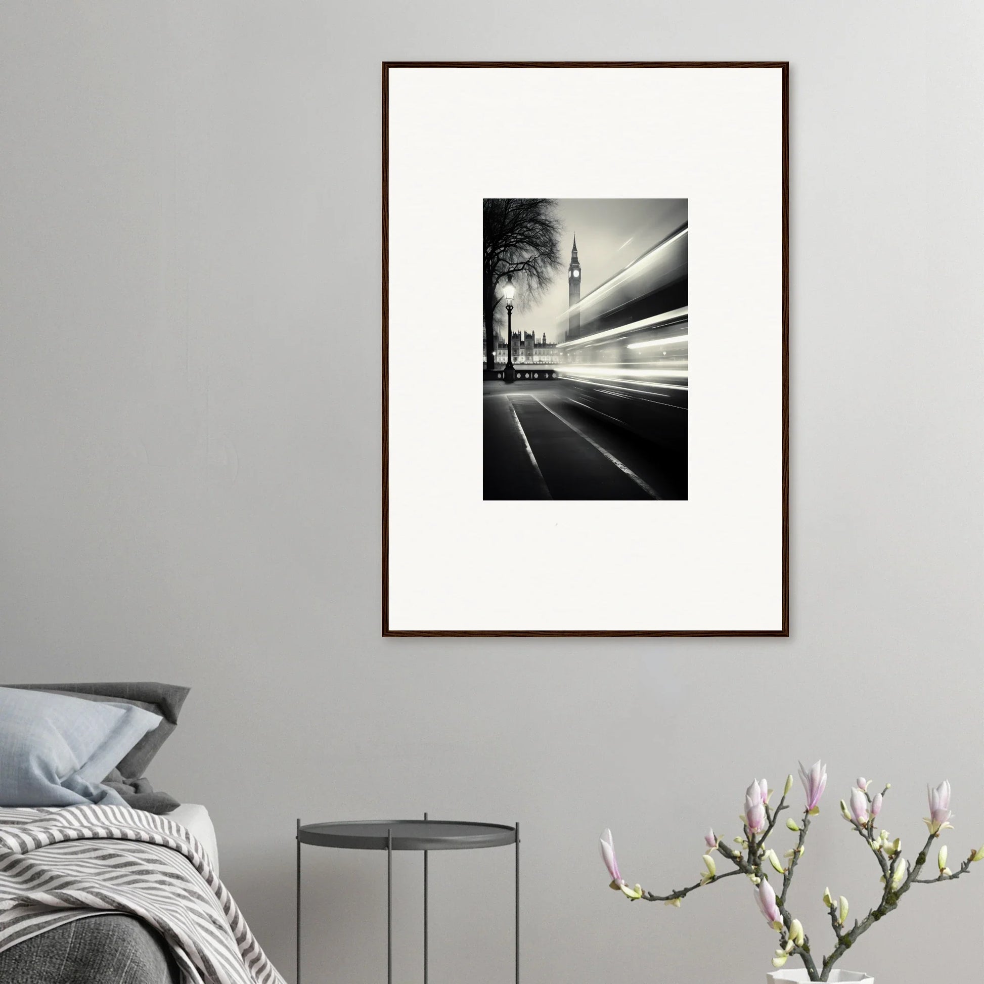 Framed wall art of Big Ben with traffic streaks, a must-have Fluid Timeless Pulse piece