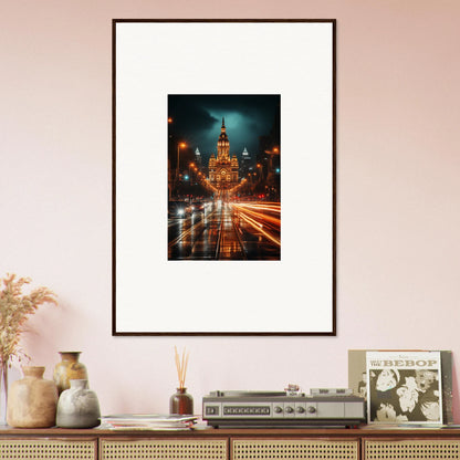 Framed wall art of Radiant Urban Reverie showcasing a vibrant city street at night