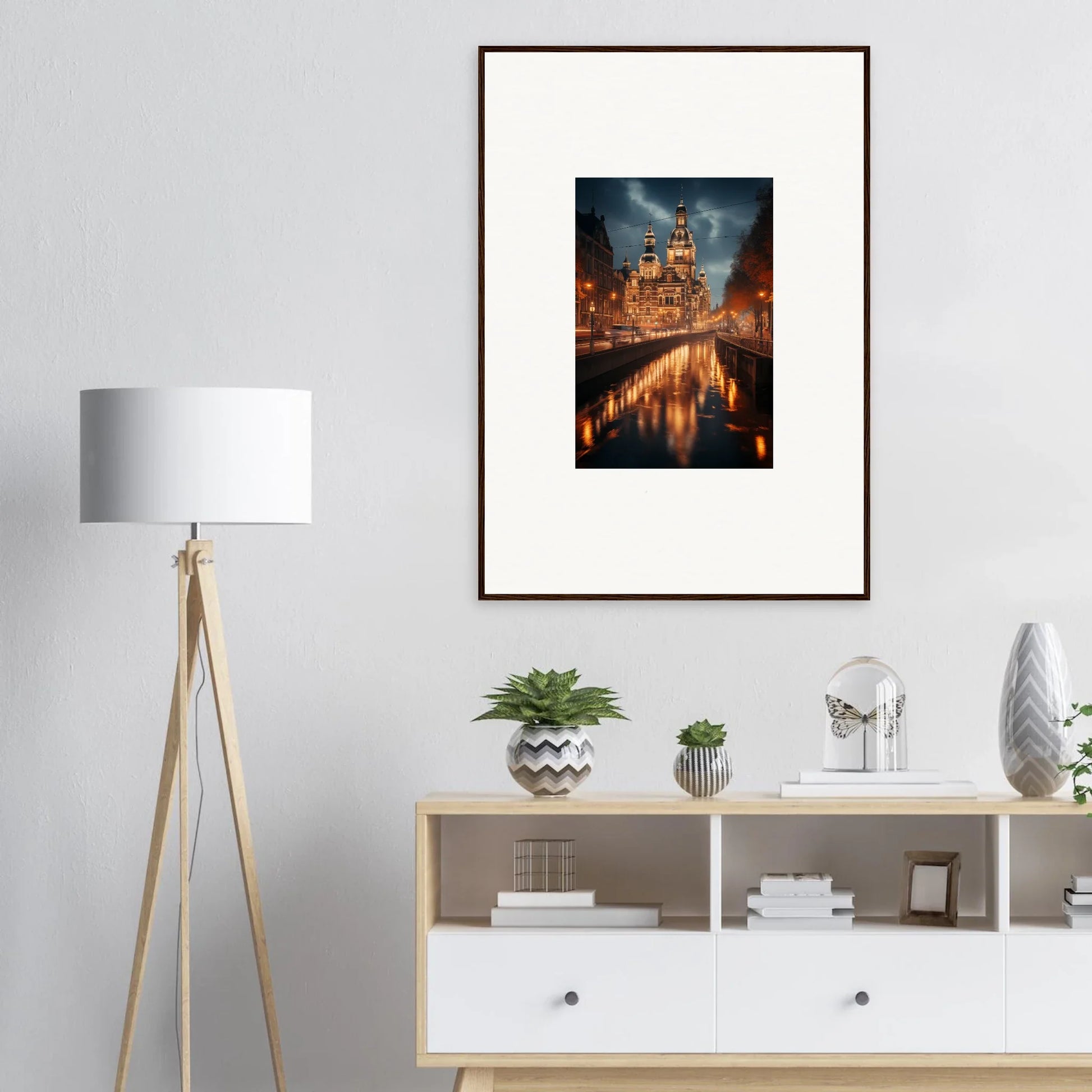 Framed photograph of a cathedral reflecting in water, capturing the essence of Reflected Dreamscape Tides