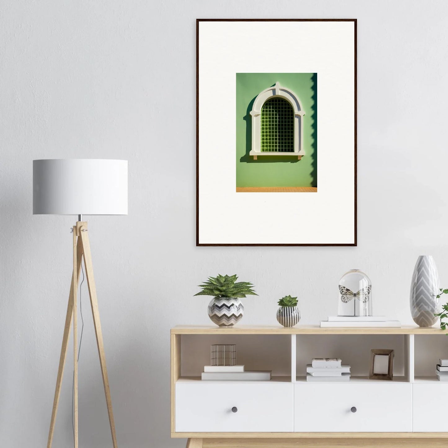 Framed photograph of a decorative arched window on a green wall, Visible Equilibrium Window