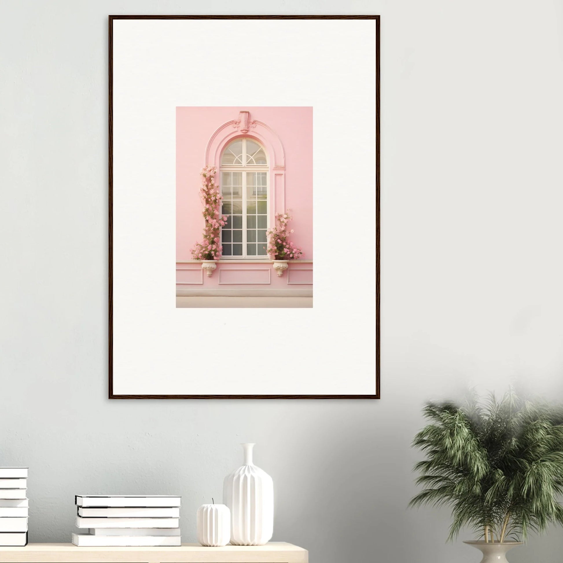 Framed Vitalose Rose Sonnet art print of a pink arched window with climbing vines