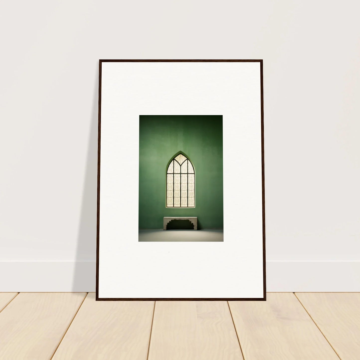 Framed Evermind Greenthaum church window photo with bench, perfect for your space