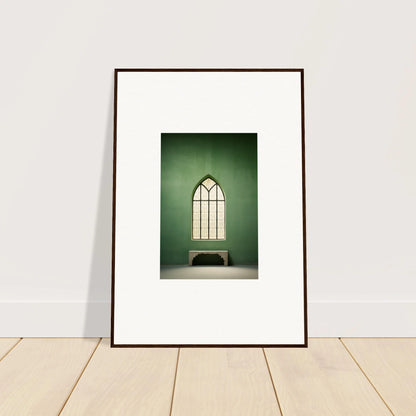 Framed Evermind Greenthaum church window photo with bench, perfect for your space