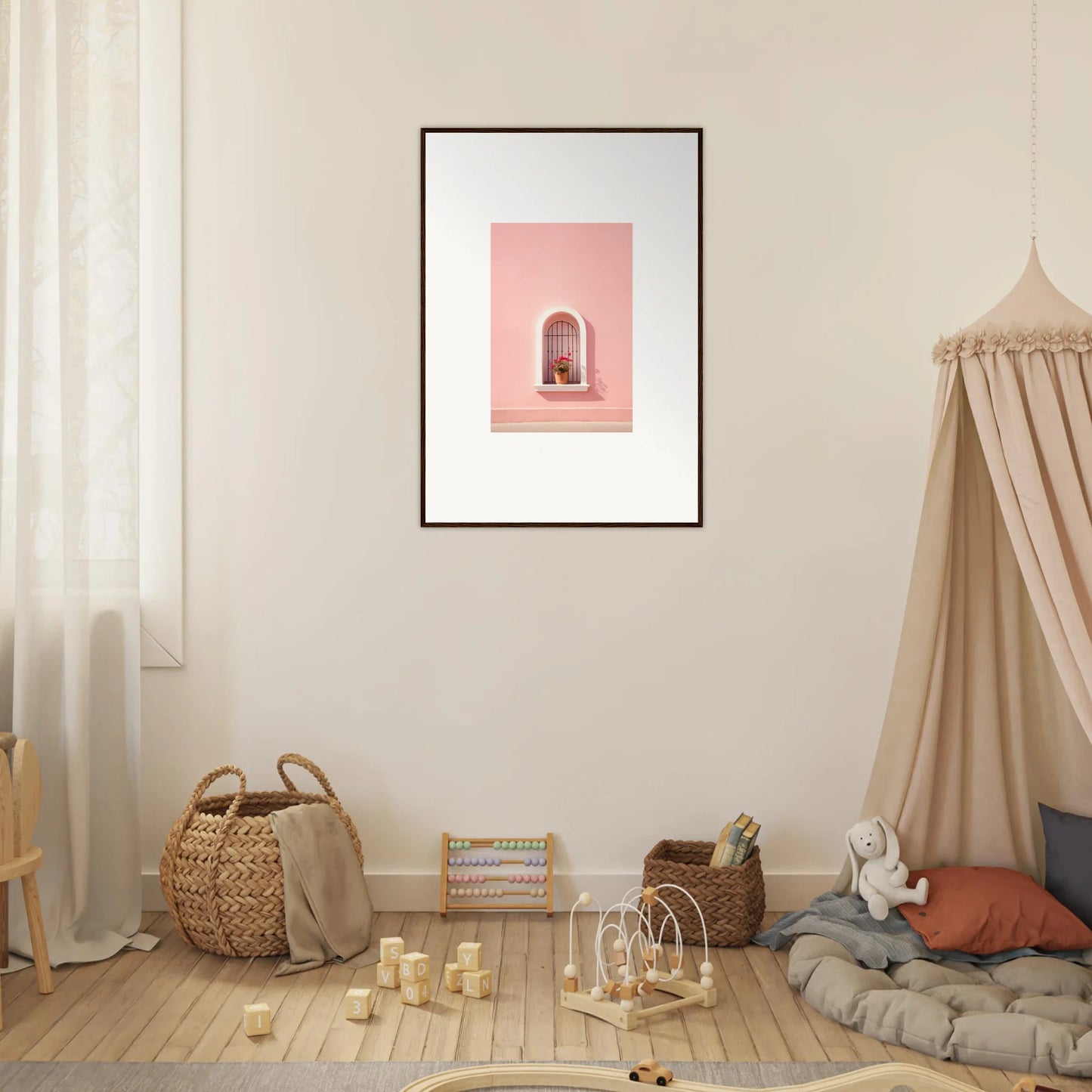 Framed pink architectural photo of an arched window in Sunset Silhouette Romance art