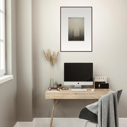 Minimalist wooden desk with iMac and Portal Eventide Abstract art piece