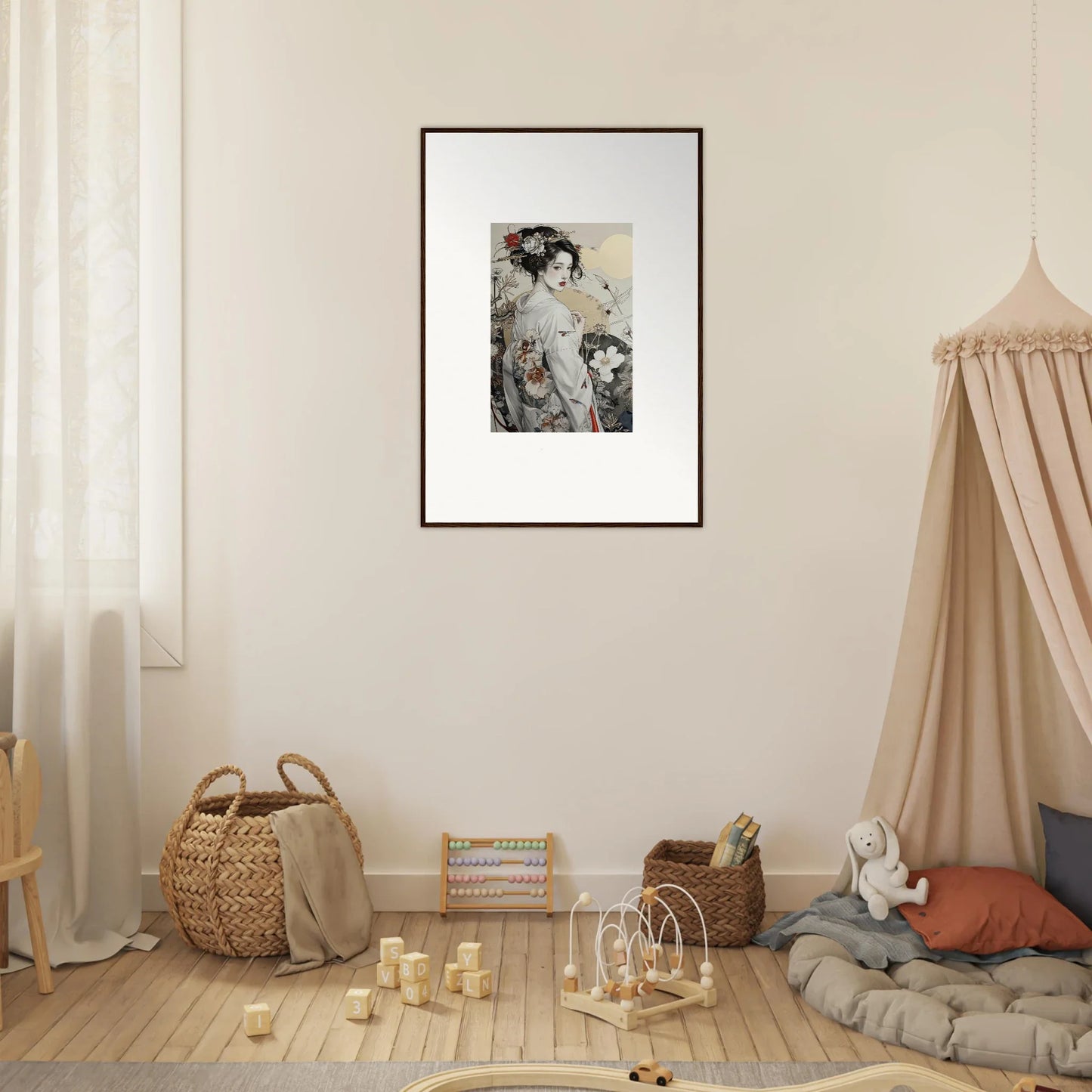 Framed black and white photo on beige wall, showcasing Daydream Blossom Wistitudes art