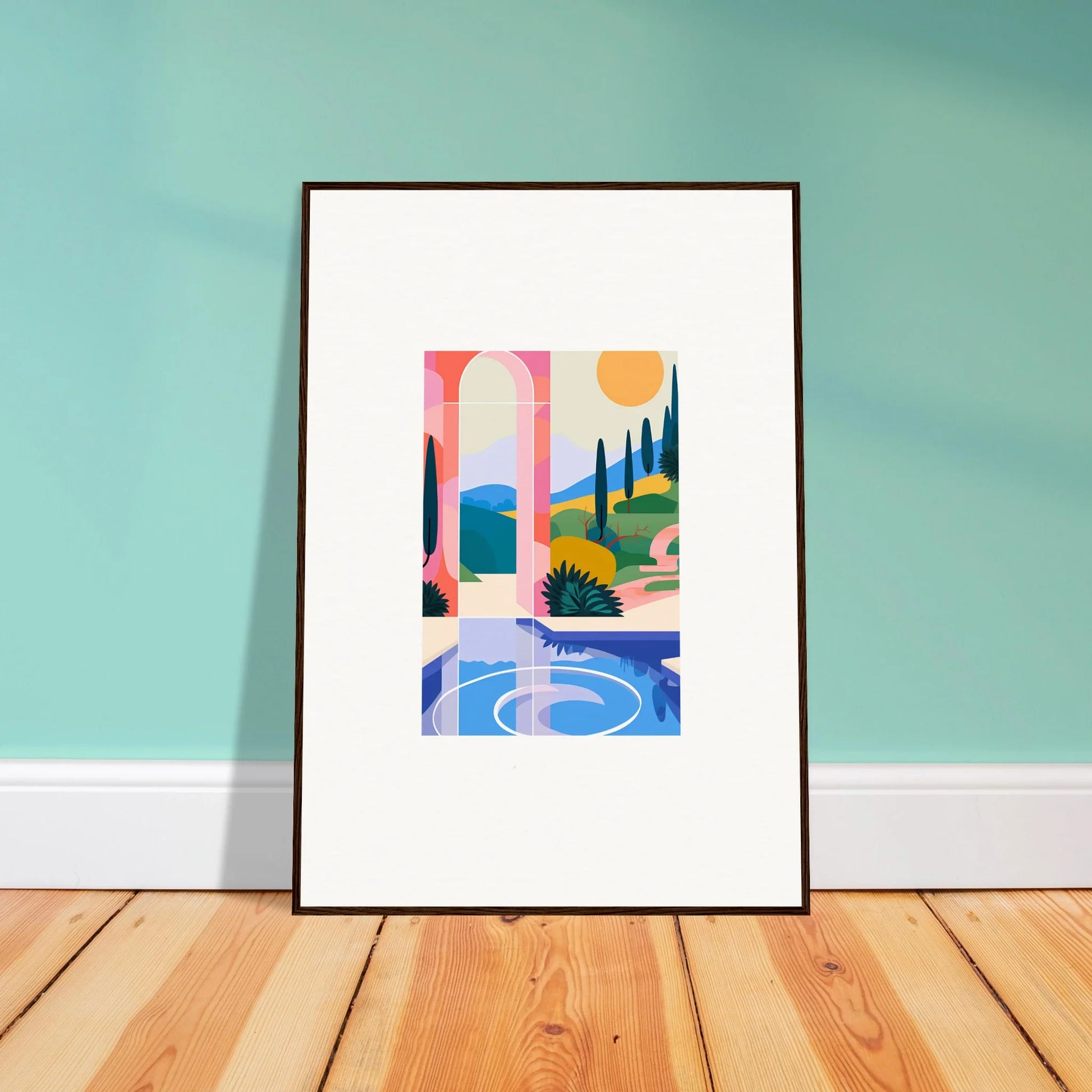 Framed canvas print of Sunlit Oasis for vibrant room decoration with geometric shapes