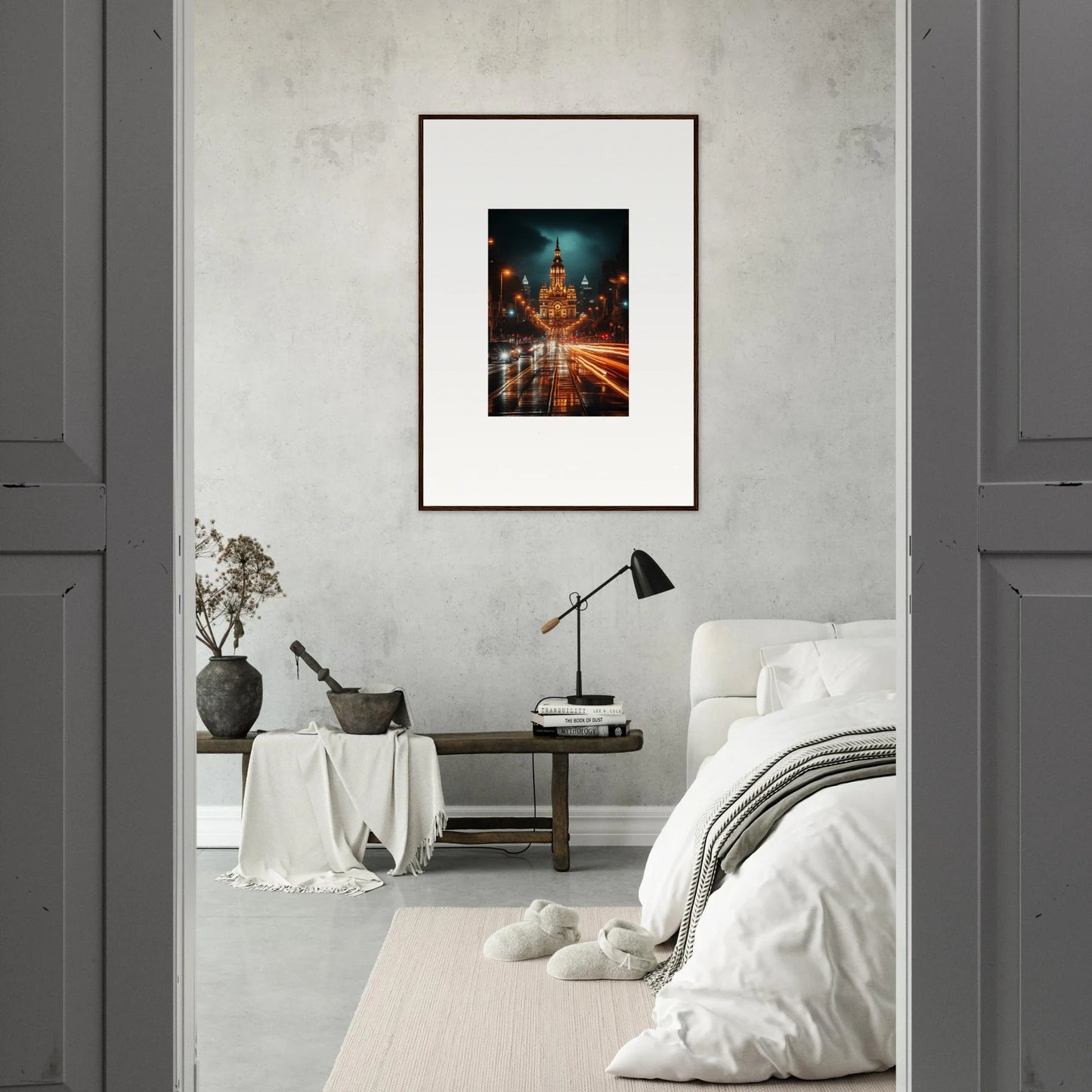 Framed wall art of Radiant Urban Reverie showcasing glowing city streets at night