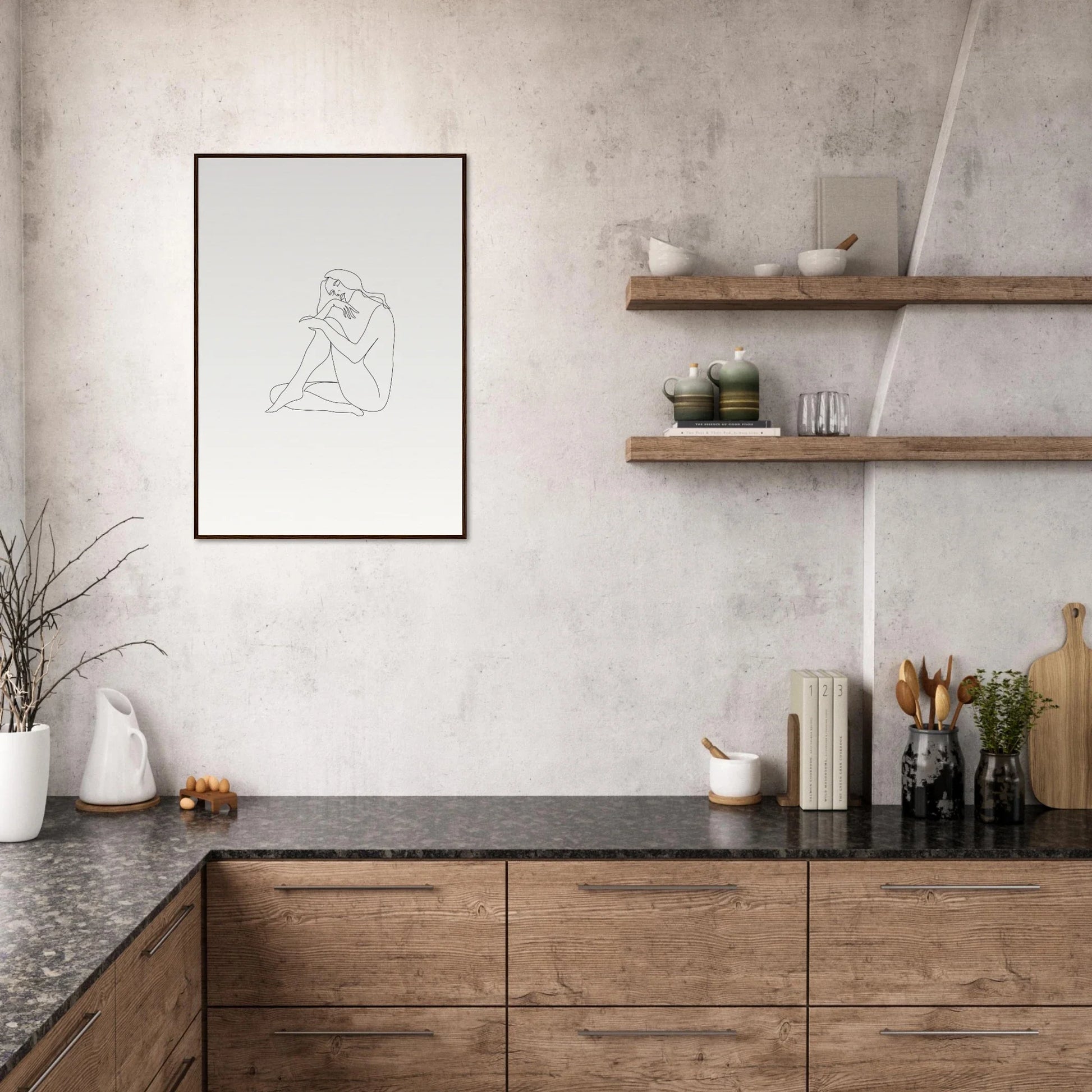 Modern kitchen with wooden cabinets and dark counters featuring Mindful Dream Tangles art