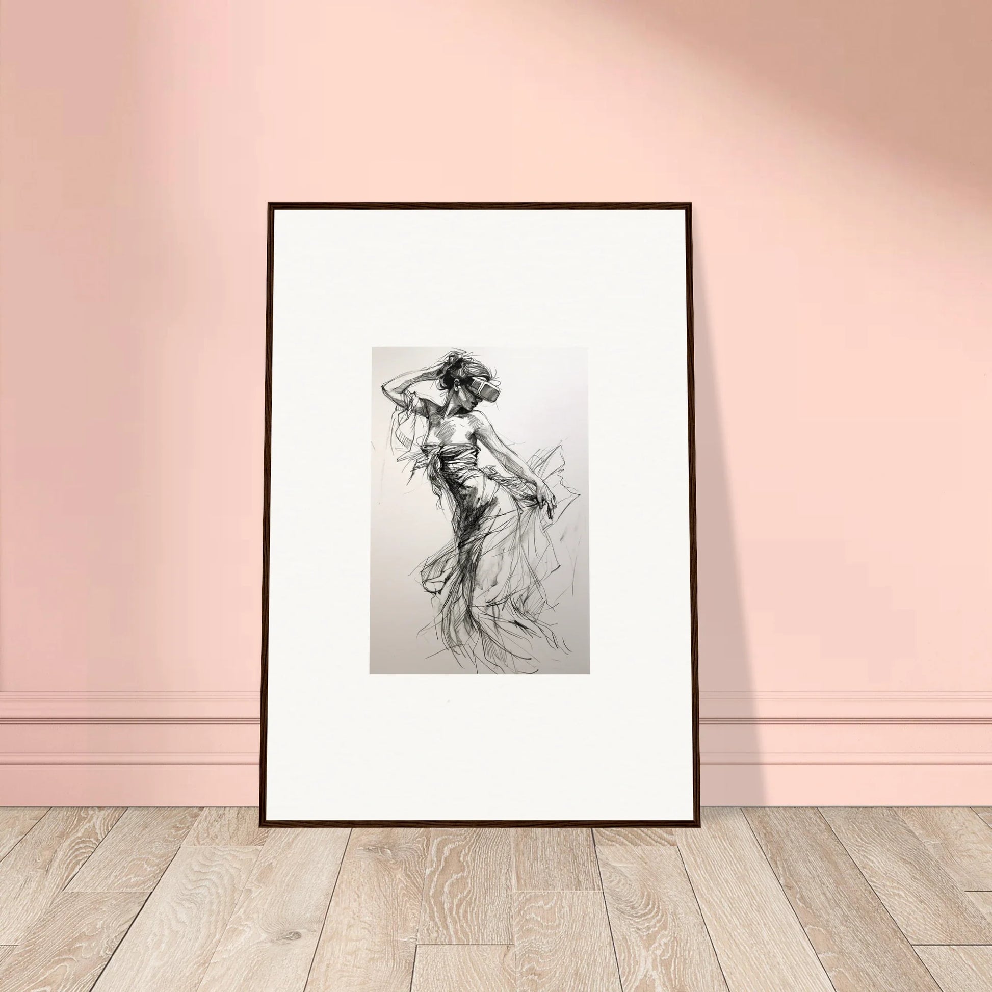 Framed black and white sketch of a dancing figure in Mystic Quantum Soliloquy art™