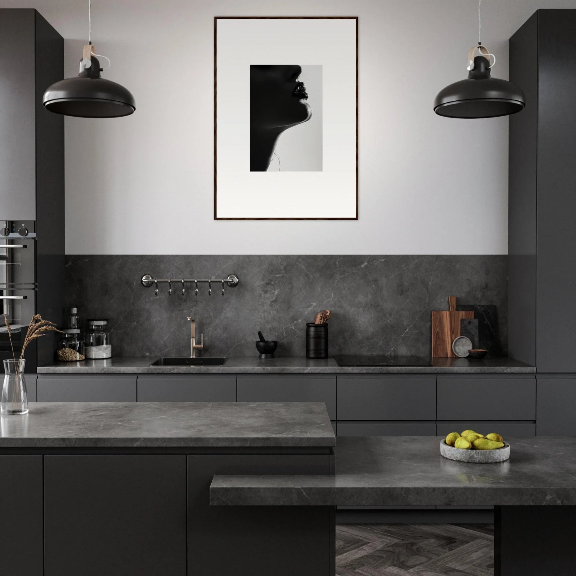 Modern monochromatic kitchen with dark cabinetry, featuring Shadowed Whisper Immanence art