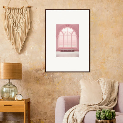 Framed wall art of Solitude’s Rosy Asana with an arched window and bench design