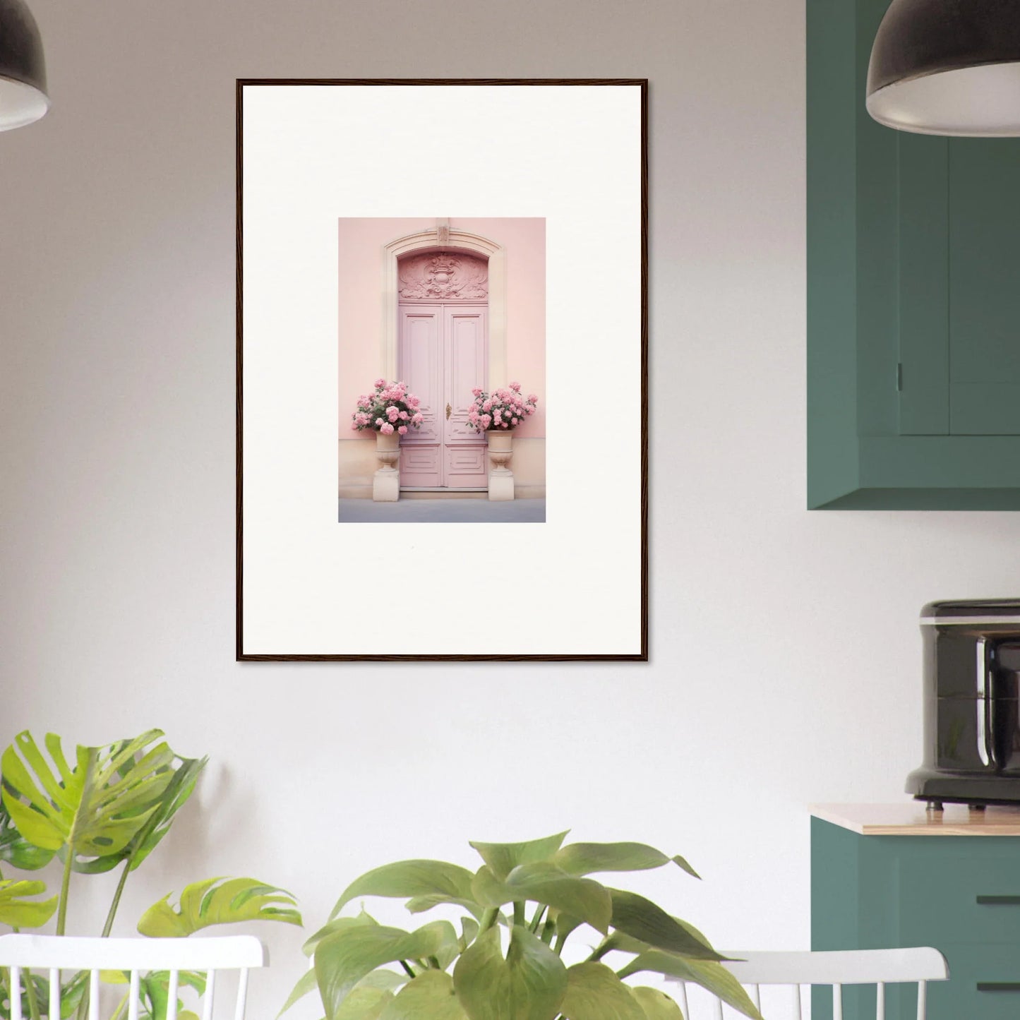 Framed wall art of a pink door with flowers, perfect for Rosy Cosmos Gateway decor