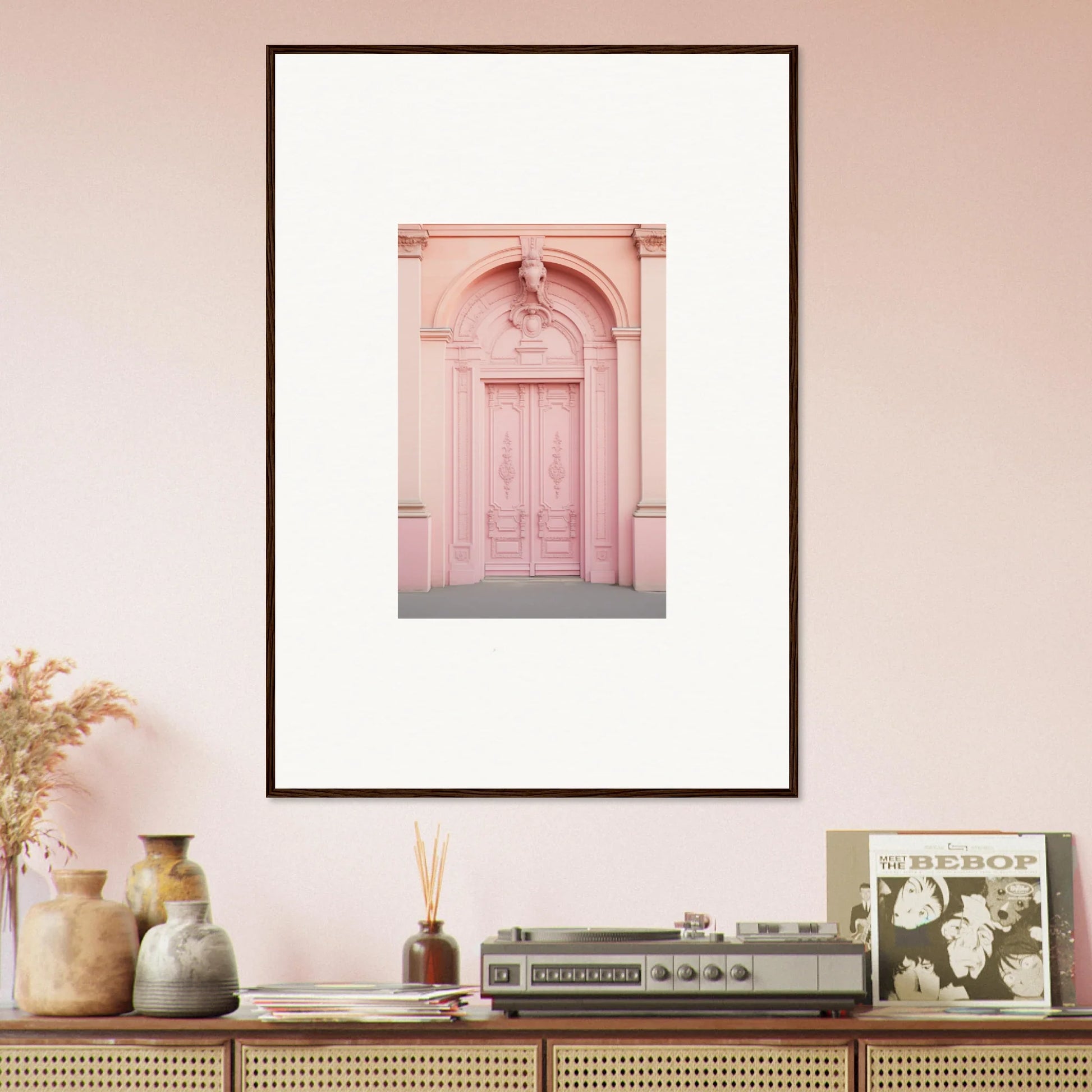 Framed art print of a pink architectural doorway from Porphyr Pink Processions