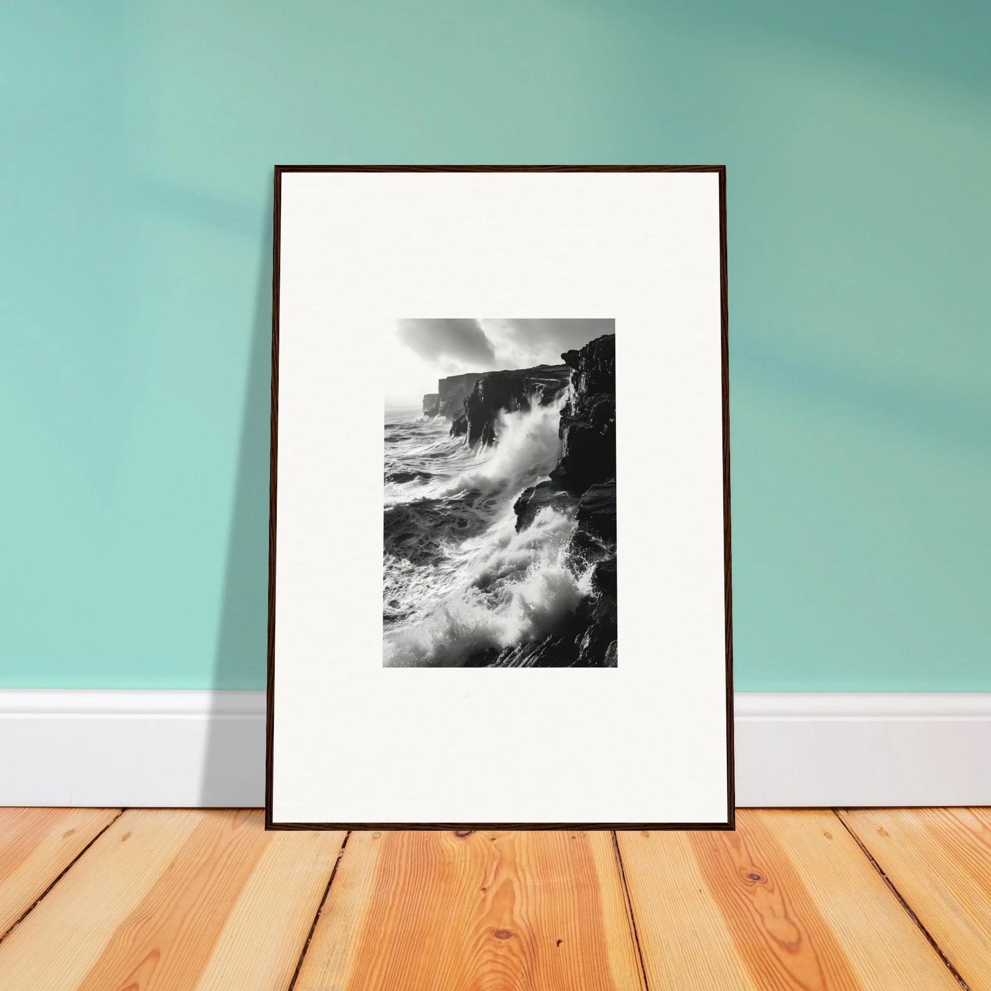 Framed black and white photo of crashing waves for Rock Impressions special edition art