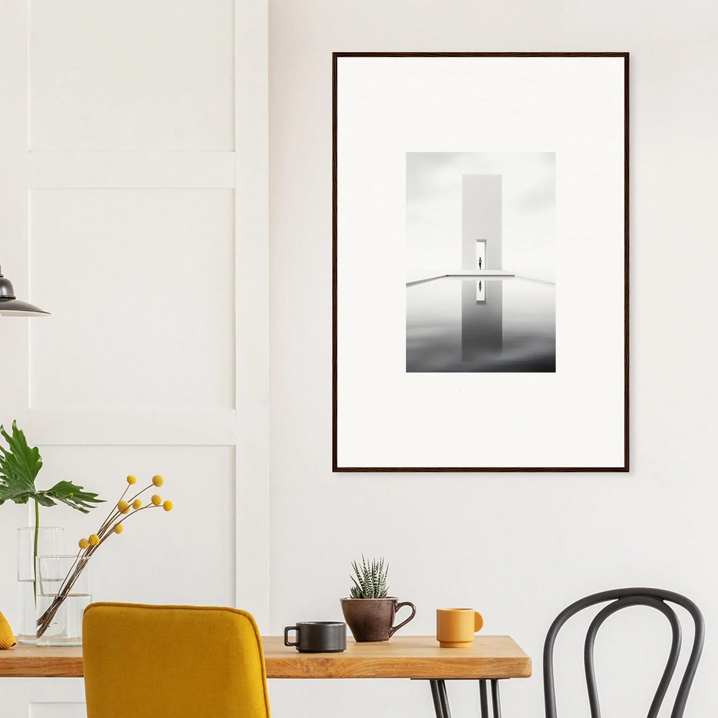 Framed black and white photo of a foggy bridge, perfect for dreamer’s vanishing silhouette