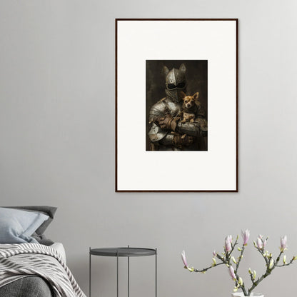 Framed black and white artwork of a figure in armor with a cat from Serene Steel Whispers