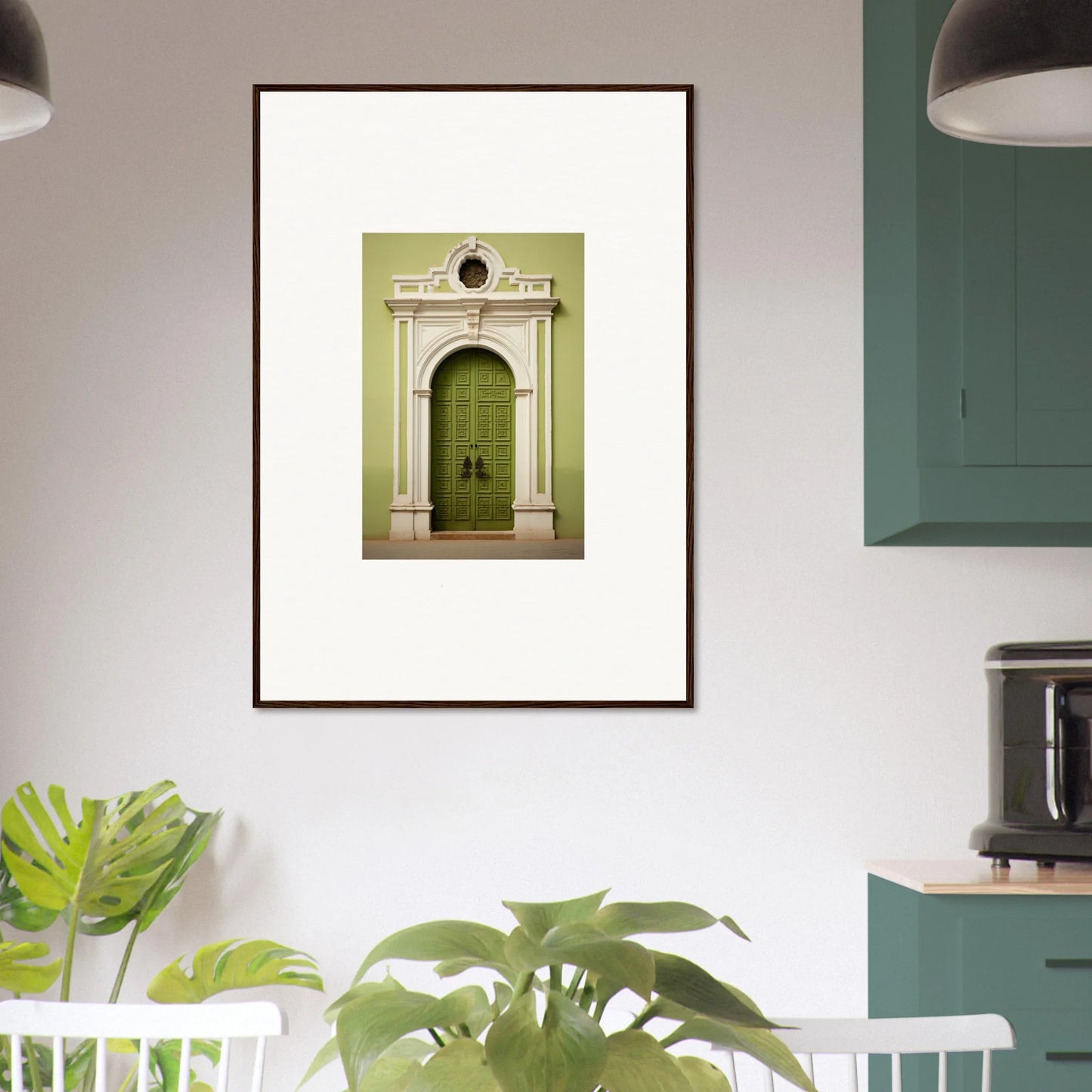 Framed art print of a bright green door in Verdant Sentry Whispers style