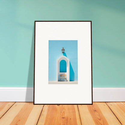 Framed wall art of a white Mediterranean church bell tower for Ethereal Mediterranean Pause