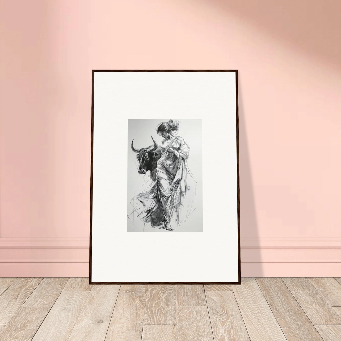 Framed black and white sketch of a figure with a bull in Reverie of Zephyr special edition art