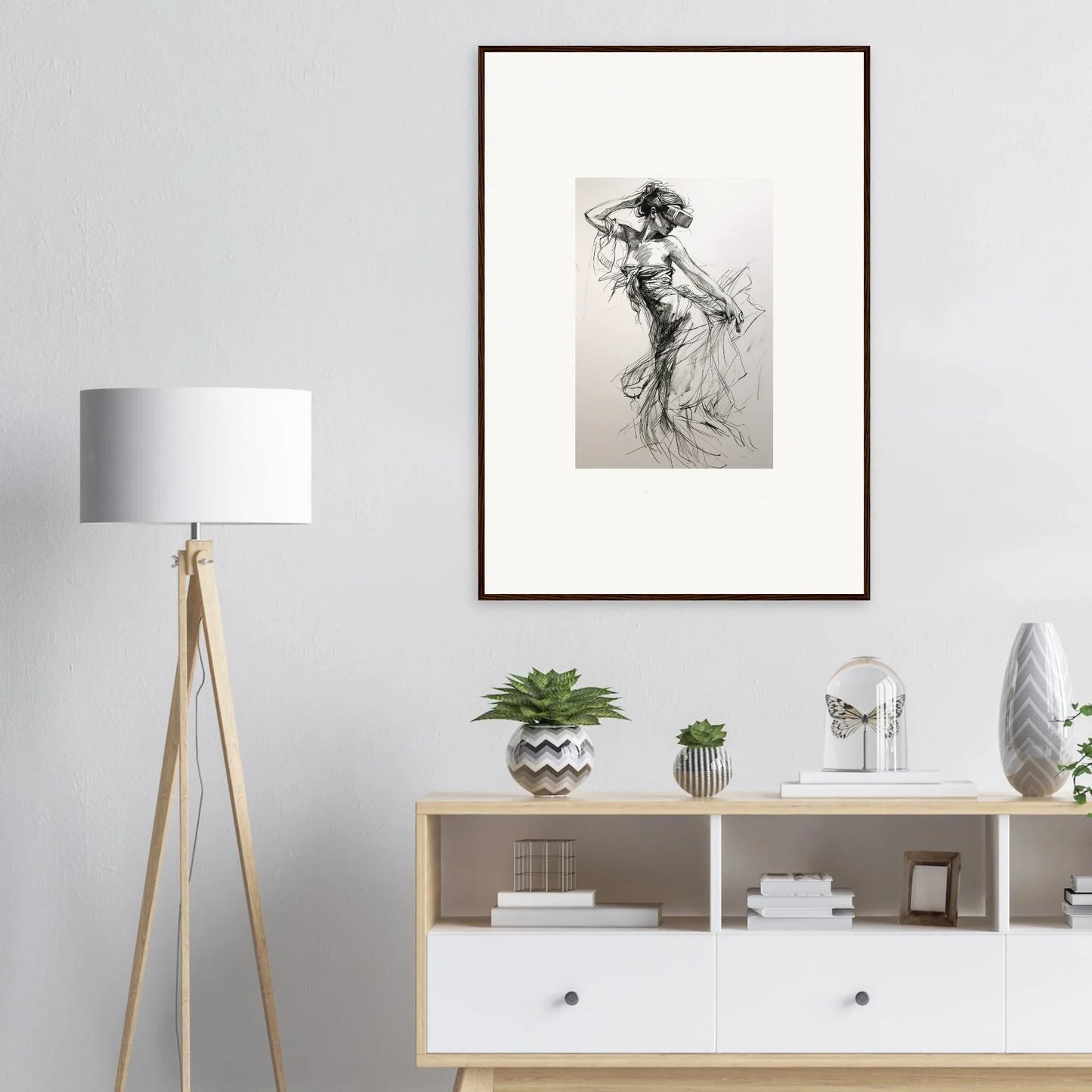 Framed black and white sketch of a dancing figure for Mystic Quantum Soliloquy art™