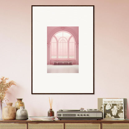 Framed wall art of Solitude’s Rosy Asana featuring a pink arched window and bench