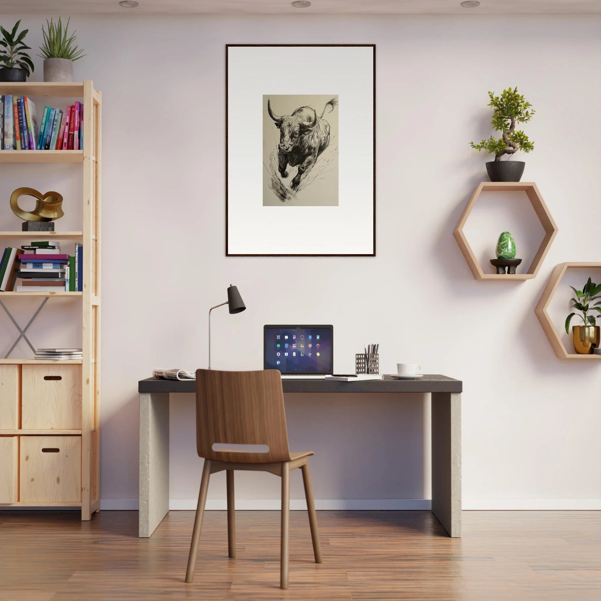 Modern home office with Ebullient Storm Release framed wall art and sleek decor