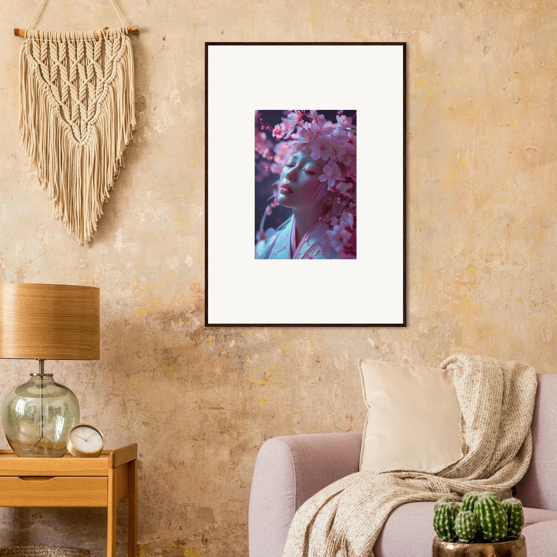 Framed wall art, Sakura Whispers, featuring pink and blue tones for room decoration