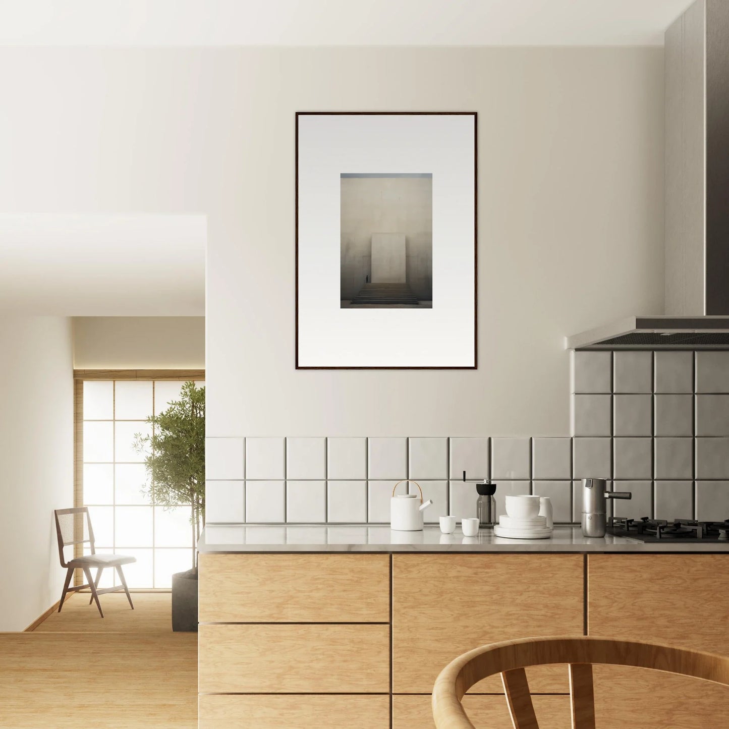 Modern kitchen featuring light wood cabinets and white tile backsplash with Portal Eventide Abstract