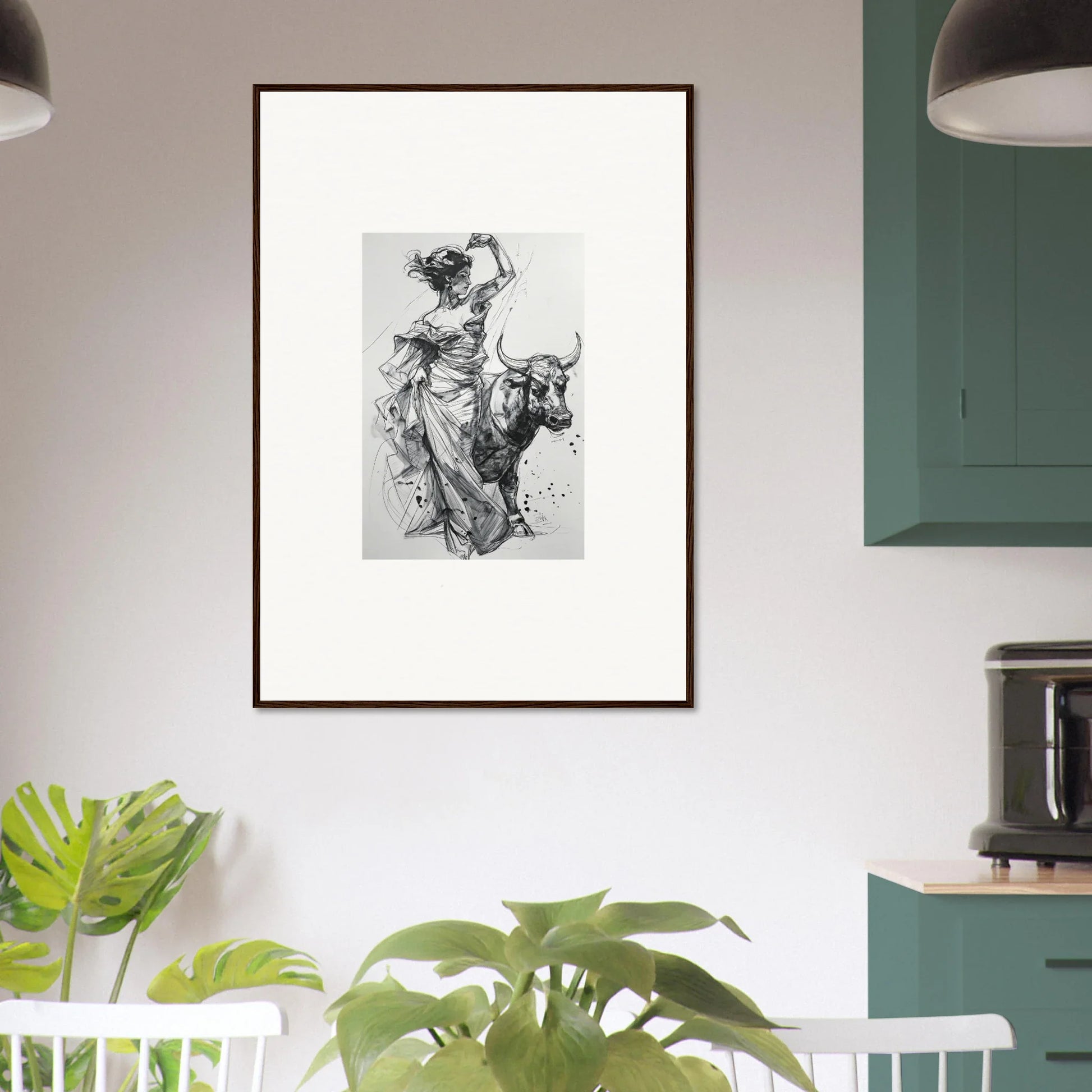 Framed black and white sketch of a figure with a bull in Tauripe Mystique Visions