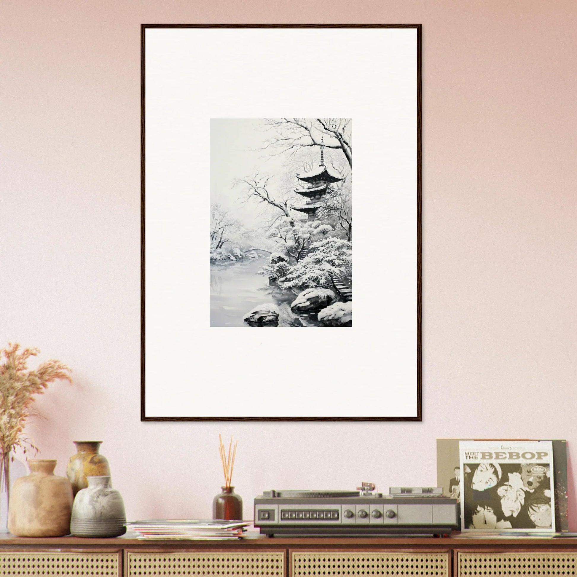 Framed black and white artwork of a Japanese pagoda in winter for Twilight Rebirth Narrative